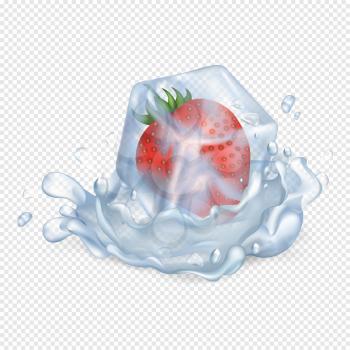 Ripe strawberry in glossy ice cube falls in water and make big splash isolated vector illustration on transparent background.