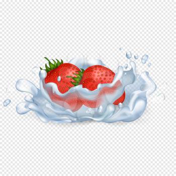 Ripe juicy strawberries fall in water with splash that spreads drops all over isolated vector illustration on transparent background.