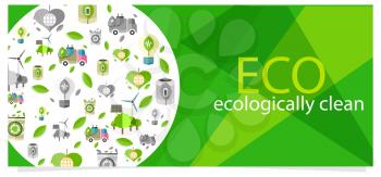 Eco ecologically clean poster with ecological equipment icons for human usage. Vector colorful poster with transport and things safe for nature