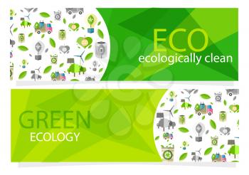Green ecological equipment collection for human usage. Vector colorful poster with transport and other things that are safe for nature
