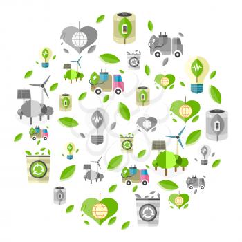 Clean energy symbols such as electro car, eco battery, energy-saving bulb and bin for recycling formed in circle vector illustration.