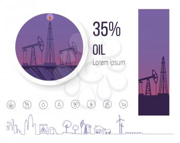 Oil industry 35 percent, poster with icons related to black petrol and fuel refinery. Vector illustration of industrial platform for gasoline production