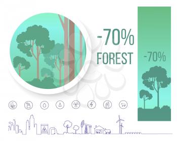 Poster devoted to problem of deforestation on earth. Vector infographic icons concerning cutting of woods and forest, saving nature concept
