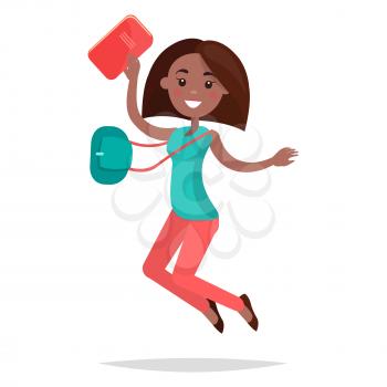 Jumping African girl student in turquoise shirt, pink trousers and black shoes notebook, bag and broad smile isolated on white background. Emotion of happiness expression vector illustration.