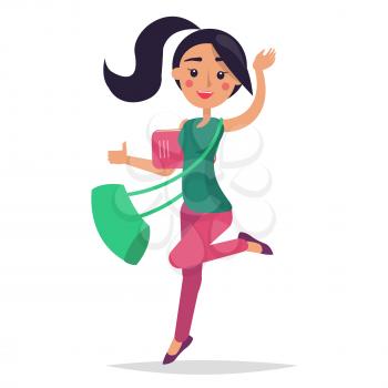 Young bouncing girl student holding ruddy book with green bag on white background. College brunette girl dressed in blouse and trousers. Vector illustration flat design of cartoon woman character
