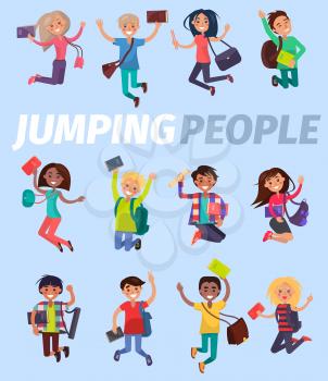Jumping people twelve happy students flat design on blue background. Smiling pupils with school bag or backpack, tube for drawings, books or tutorials. Vector illustration of bouncing studying folk.