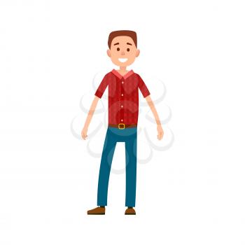 Man in casual cloth wears red checkered t-shirt and blue jeans vector illustration isolated on white. Grown up male adult full length cartoon character