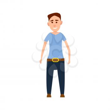 Funny male character stand and smiles in blue T-shirt and navy jeans with big belt isolated cartoon vector illustration on white background.