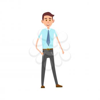 Man in formal office clothes such as blue shirt, big tie and grey trousers stands with kind face isolated vector illustration on white background.