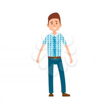 Man in casual cloth wears checkered t-shirt and blue jeans vector illustration isolated on white. Grown up male adult full length cartoon character