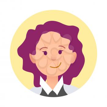 Portrait of joyful woman closeup icon in yellow circle on white background vector illustration. Lady kid in round button, profile avatar