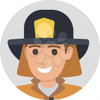 Cheerful firefighter in protective suit and black hat close-up vector illustration on white background. Male character in fireman uniform
