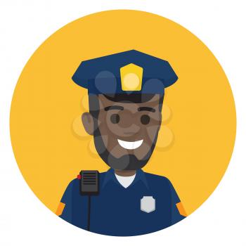 Black police officer with dark radio set on shoulder in round web button avatar userpic of vector illustration in flat design cartoon style