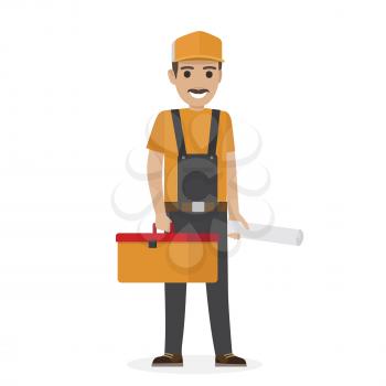 Whiskered erector in black overalls and yellow helmet holds tool box in one hand and other keeps rolled whatman vector illustration