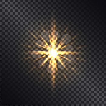 Bright golden shiny sparkle isolated vector illustration on dark transparent background. Realistic light effect in shape of multi-pointed star.