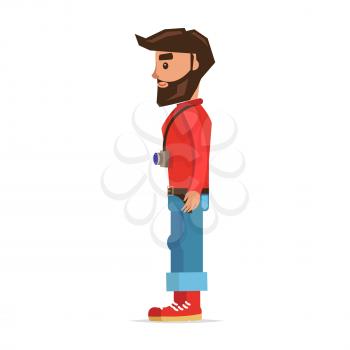 Bearded man with camera cartoon character. Young male in rolled up jeans and red boots with photo camera on neck isolated flat vector. Smiling hipster tourist standing in profile illustration