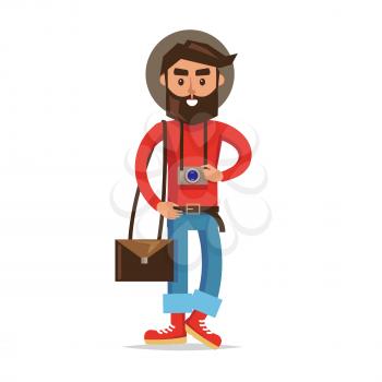 Hipster tourist with camera cartoon icon. Young man in hat, rolled up jeans, boots, bag over shoulder and photo camera on neck isolated flat vector. Lightweight traveler illustration. Modern nomad
