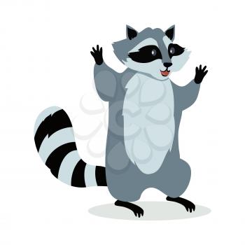 American raccoon cartoon character. Raccoon standing on hind legs isolated flat vector. North America fauna. Raccoon icon. Animal illustration for zoo ad, nature concept, children book illustrating
