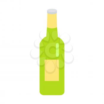 Green glass beer bottle with yellow label and white metallic cap. Vector illustration of men drinks isolated on white. Packaging collection. Hand drawn icon in cartoon style flat design for web.