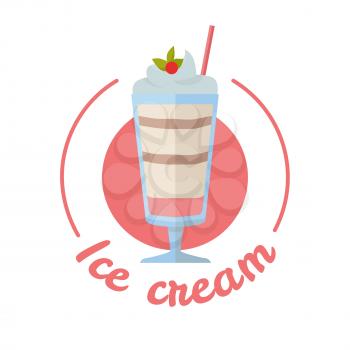 Vector sweet frozen ice cream. Ice cream icon. Summer cold ice cream with fruits in glass. Dessert illustration. Cold milk product. Ice cream logo on white background