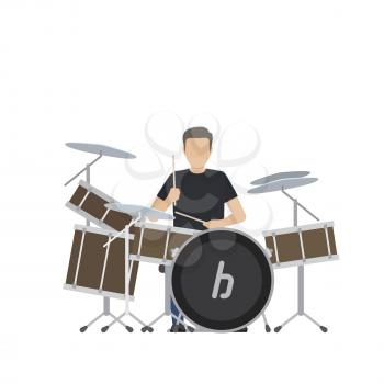 Musician plays on big professional drum set isolated vector illustration on white background. Faceless male character perform music.