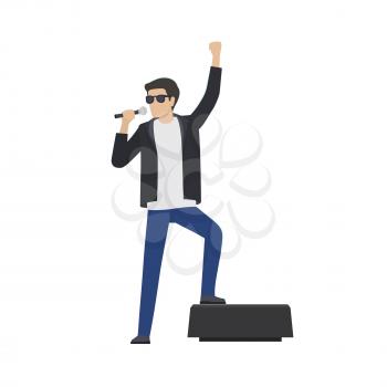 Rock star in sunglasses and leather jacket sing in microphone with raised hand and leg on speaker isolated vector illustration on white background.
