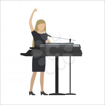 Woman playing a synthesizer in musical group vector illustration isolated on white. Lady singer in black dress perform on electronic musical instrument