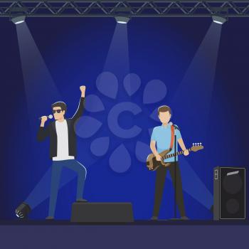 Musical group performs on stage vector illustration. Man in leather jacket sings in microphone and guy in blue T-shirt play guitar.