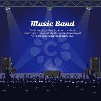 Music band concert at big stage with spotlights, powerful sneakers and audience room with people who raise hands and cellphones vector illustration.