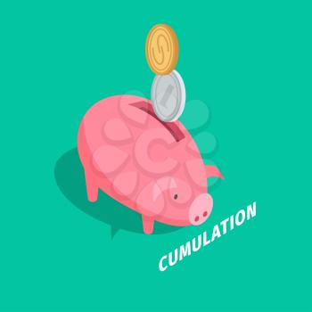 Capital accumulation concept with coins falling in piggybank. Moneybox in form of pink pig with money isometric projection vector. Savings and wealth protection illustration for business concepts