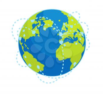 World transport or communication connections concept. Planet Earth globe covered node points connected dotted lines flat isolated, vector. Airlines way, trade routes or online transfers illustration