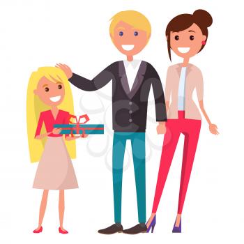 Parents Day poster vector illustration of cheerful family depicting young daughter with present for her mother and father