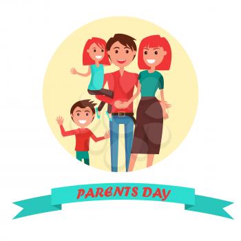 Parents Day Poster vector illustration of cheerful father holding his little dauther, happy mother hugging her husband with their young son in round circle