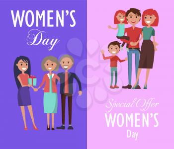 Set of posters dedicated to celebration of Women s Day. Vector illustration two gleeful families celebrating this spring holiday
