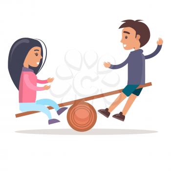 Little girl in jeans and boy in shorts ride wooden seesaw isolated vector illustration on white background. Children have good time outdoors.