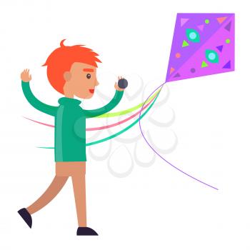 Redhead boy in green sweater and beige trousers runs and plays with colorful kite isolated vector illustration on white background.