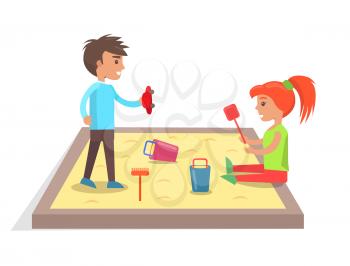 Boy and girl play with red car, colorful buckets, artificial rake and spade in sandbox isolated vector illustration on white background.