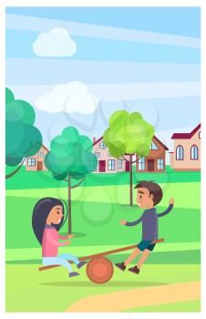 Male and female children playing on teetering board amuse and spend summer time outdoor in park with trees and buildings on background
