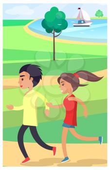 Boy and girl in sportswear jog at a park along a wide path surrounded by a green neat lawn near a pond with a white yacht vector illustration.