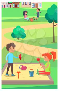 Little boy and girl playing with toys in sandbox in summer park with two kids on teetering board on background. Childhood entertainment vector poster