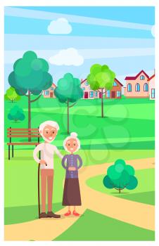 Senior couple standing on path in urban public park in summer time vector poster. People relaxing outdoors with trees and buildings on background