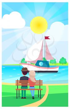 Couple relaxing on wooden bench in public park and watching floating yacht under shing summer sun. Relaxation on fresh air vector poster