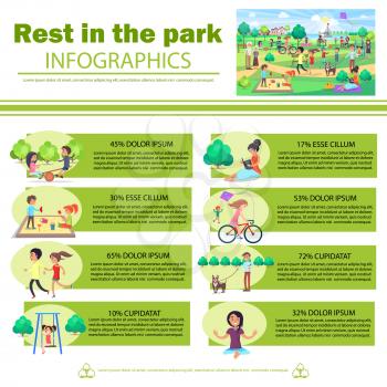 Rest in park infographics vector poster with pictures of people relaxation outdoors on fresh air and percents rate showing popular activities