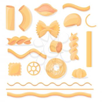 Various Italian pasta vector illustrations. Shaped raw macaroni isolated on white background. Delicious flour products set.
