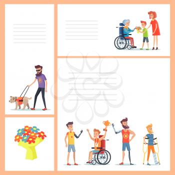 Disability person poster with lines for yout text. Men on prosthesis, blind people with dog and cane, elderly couple on wheelchairs vector illustration
