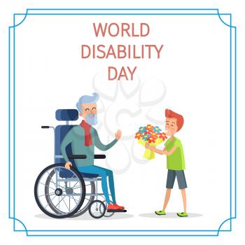World disability day boy presents bouquet of flowers to his grandfather on wheelchair vector illustration on white background