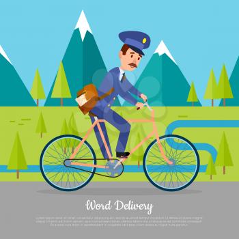 World delivery banner with postman. Mailman on bicycle rides on road near mountains. Express messenger to any part of the globe. Vector illustration of advertisement web poster in cartoon style