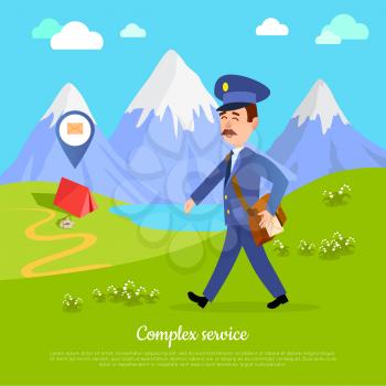 Complex service to any part of the world. World delivery banner with postman and tent in the mountains. Mailman in suit deliver envelope anywhere. Vector illustration of web poster in cartoon style