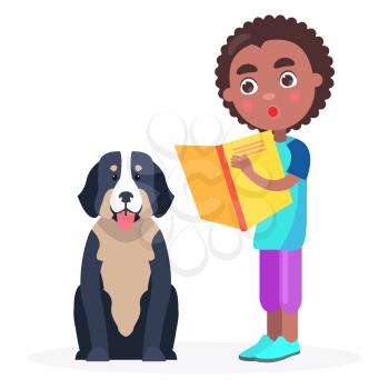 Surprised black kid stands with yellow book or notebook and bernese mountain dog vector illustration isolated on white closeup.