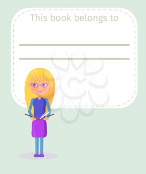 Place for book signing with little blonde girl in glasses who holds open book vector illustration on light green background.